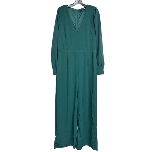 New Lulus Celebrating Romance Emerald Green Long Sleeve Wide Leg Jumpsuit - Picture 2 of 9